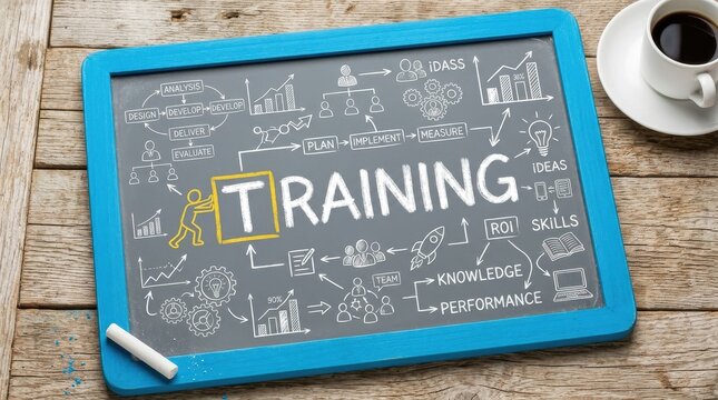 Training chalkboard with ideas and skills concept