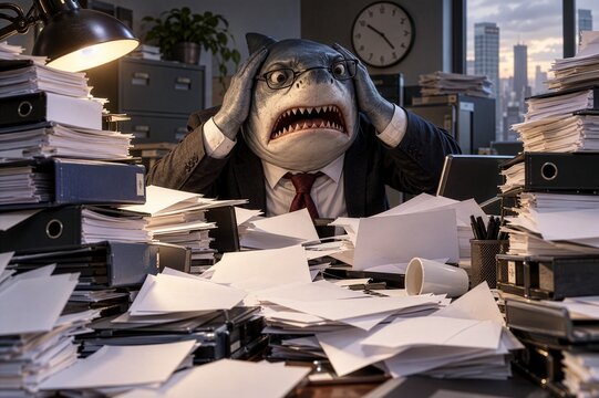 Stressed anthropomorphic shark accountant overwhelmed by paperwork at desk, funny corporate shark businessman in suit having burnout from workload