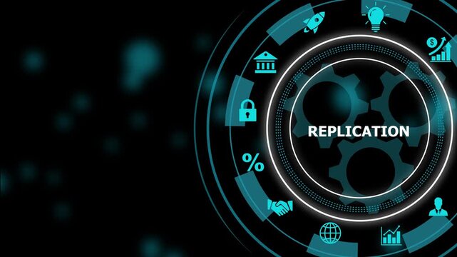 Digital replication concept featuring rotating mechanical gear animation with glowing cyan business and futuristic hud interface for corporate data synchronization and network technology projects