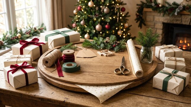 Christmas gift wrapping station with presents, ribbons, twine, and scissors on a wooden table with a decorated tree in background