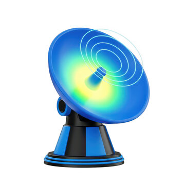 Futuristic blue satellite dish radar with glowing light and sound waves isolated on white background for technology concepts