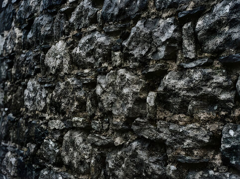 Rugged natural stone wall surface with dark weathered rock texture and detailed rough uneven masonry background transparent