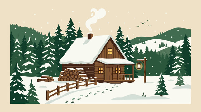 Winter Landscape with Cozy Wooden Cabin in Snowy Pine Forest