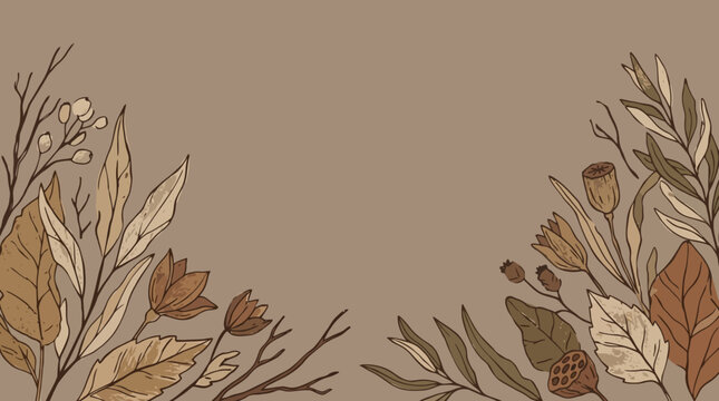 Autumn Botanical Floral Background with Dried Leaves and Wildflowers