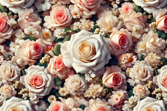 A beautiful and lush arrangement of blooming cream and pink roses, delicately interspersed with small white flowers and green leaves, creating a romantic and elegant floral tapestry full of natural ch