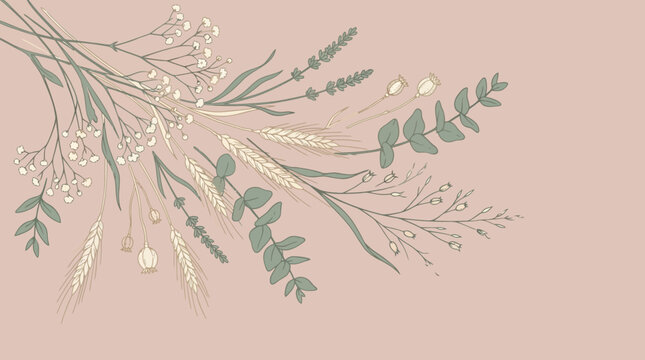 Elegant Dried Flower Bouquet Illustration on Muted Pink Background
