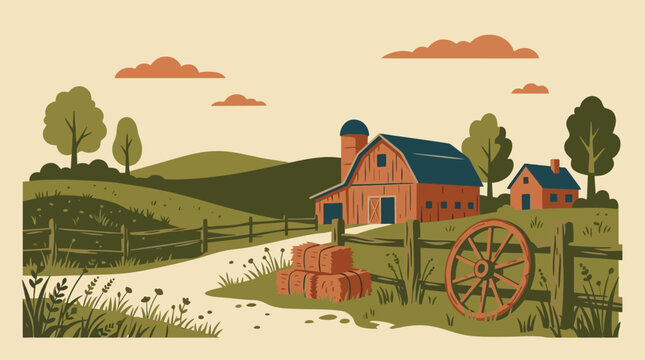 Charming Countryside Farm Vector Illustration with Barn and Rolling Hills