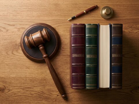 Wooden Judge Gavel and Law Books on Office Desk