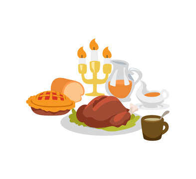 Thanksgiving dinner feast with roasted turkey pie and bread vector