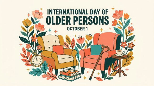 International day of older persons greeting card with armchairs and floral decorations