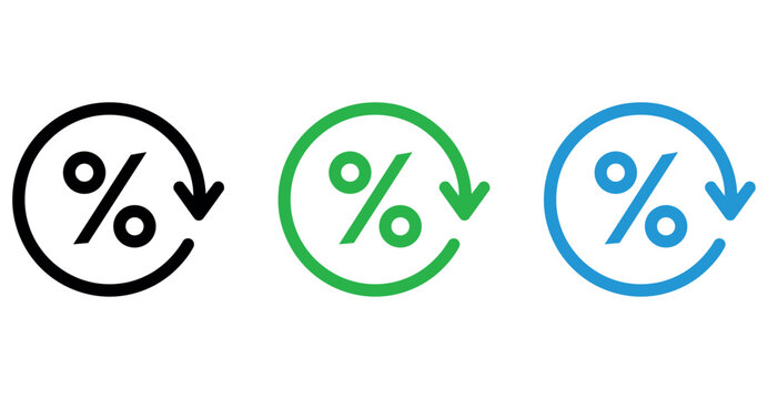 Percentage rate reduction icons set with circular arrows in black green and blue colors.