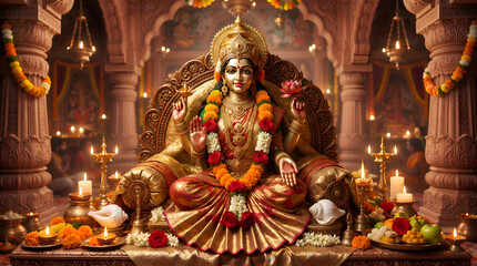 Fototapeta premium Golden Goddess Lakshmi Sitting on Ornamental Throne Surrounded by Diyas and Offering Plates in Temple 3D Illustration