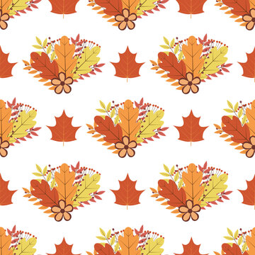 Autumn seamless pattern. Fall vector background. Multicolor leaves, flowers and berries. Perfect for fabric, textile, scrapbooking, wrapping paper, etc.