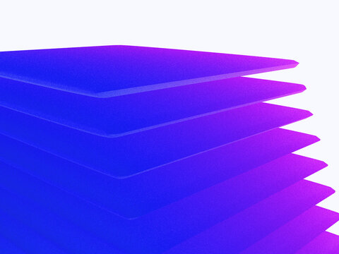Abstract 3d render of stacked rectangular layers with a vibrant blue to purple gradient, creating a modern geometric pattern isolated on white background