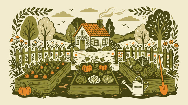 Cozy Countryside Cottage with Organic Vegetable Garden Illustration