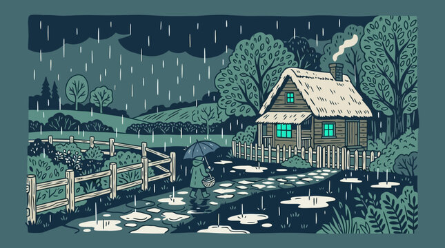Cozy cabin in the rain, person with umbrella walks on path
