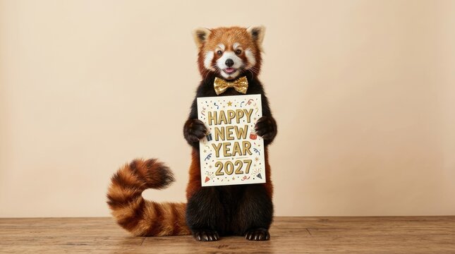 A cute red panda wearing a golden bow tie holding a happy new year 2027 sign