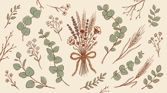 Hand drawn floral elements collection with eucalyptus and lavender bouquet