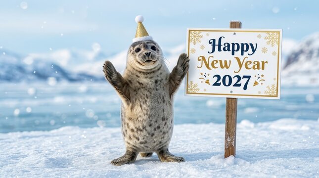 A cute baby seal wearing a festive party hat proudly holds a Happy New Year 2027 sign