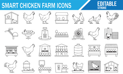 Poultry Farm Icons Set, Chicken Housing Egg Production and Farming Line Art Collection © SANTI