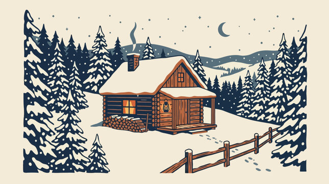 Cozy winter cabin in a snowy forest with warm light