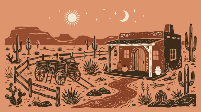 Vintage Wild West Desert Landscape with Adobe House and Wagon