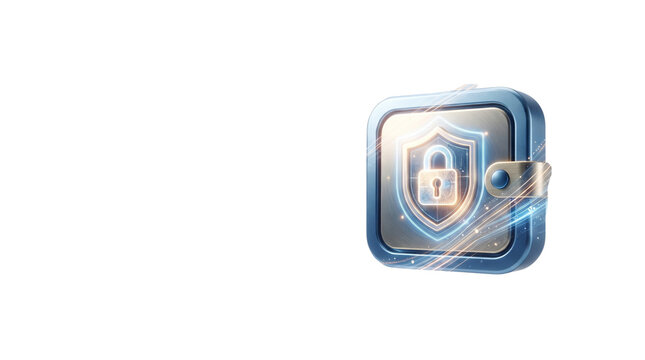 3D digital secure crypto wallet icon, modern metallic blue cyber security lock badge, financial safety concept graphic