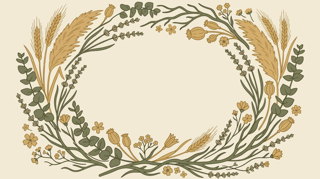Vintage Botanical Wreath with Wheat and Foliage Floral Border Illustration