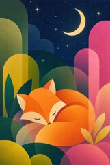 Obraz premium Whimsical colorful illustration of a sleeping orange fox under a crescent moon