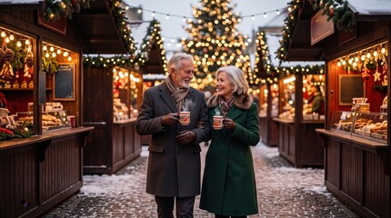 Obraz premium Senior couple enjoying an evening visit to a traditional Christmas market