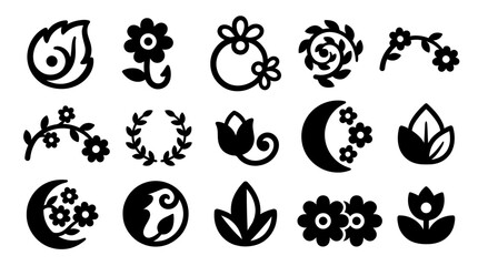 Fototapeta premium Folk floral vector icons set with botanical shapes and flower elements