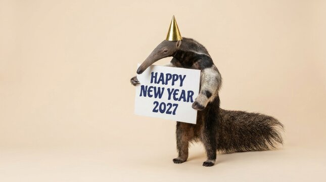 A cute giant anteater wearing a party hat holds a Happy New Year 2027 sign