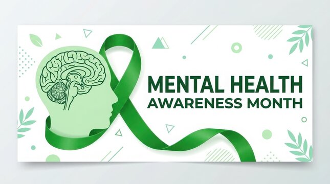 Mental health awareness month banner with green ribbon and human head silhouette with brain