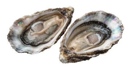 Two fresh opened oysters with glistening flesh, isolated on transparent background © Luke