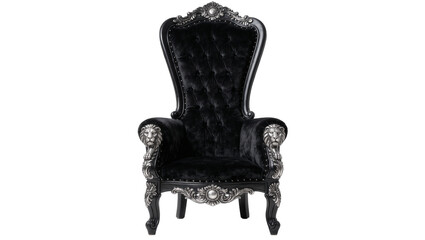 Ornate black velvet throne chair with silver lion armrests, isolated on transparent background © Luke