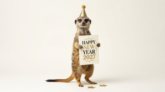 A cute meerkat wearing a gold party hat holding a happy new year 2027 sign