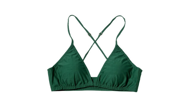 Deep green triangle bralette with thin adjustable straps, isolated on transparent background