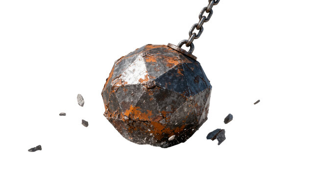 Rusty geodesic wrecking ball with chain breaking apart debris, isolated on transparent background