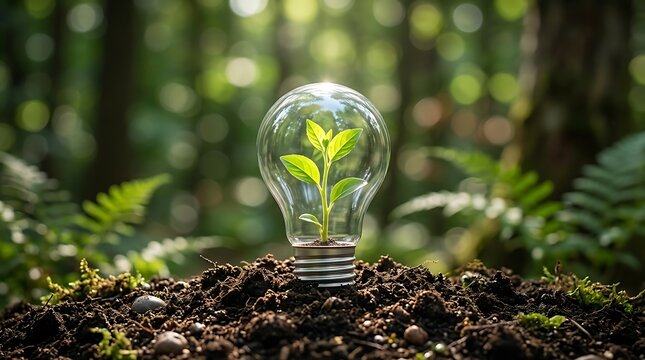 Young green plant growing inside a clear light bulb placed on dark fertile soil in a forest with environment sustainability resource