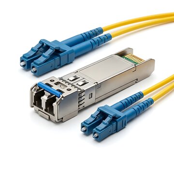 Sfp+ transceiver module with fiber optic cable isolated on white background