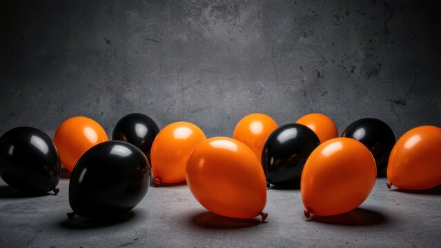 dramatic black and orange balloons on dark concrete for exciting black friday sale advertising banner concept
