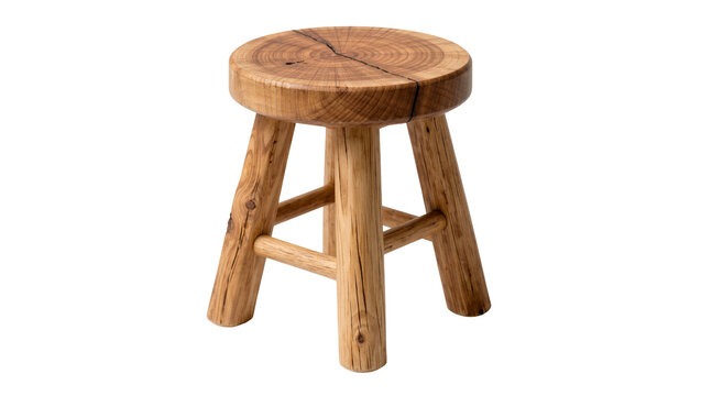 Rustic wooden stool with three legs, isolated on transparent background