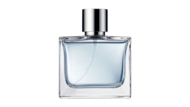 Clear glass rectangular perfume bottle with silver cap and light blue liquid, isolated on transparent background