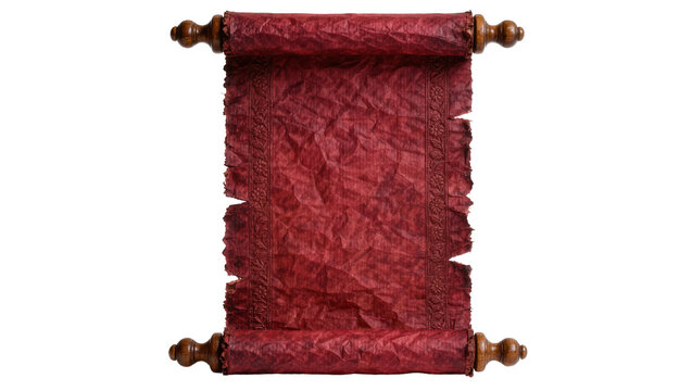 Antique red parchment scroll with ornate wooden rollers, isolated on transparent background