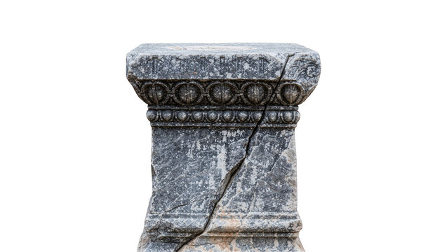 Cracked ancient stone column capital with decorative carvings, isolated on transparent background