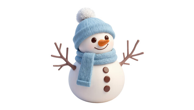 Cute snowman wearing a blue knitted hat and scarf, isolated on transparent background