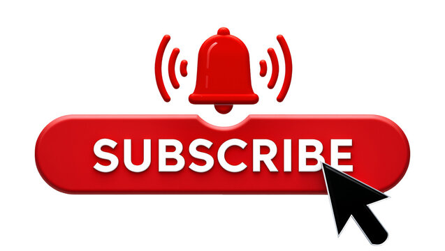 Red subscribe button with notification bell and black cursor, isolated on transparent background