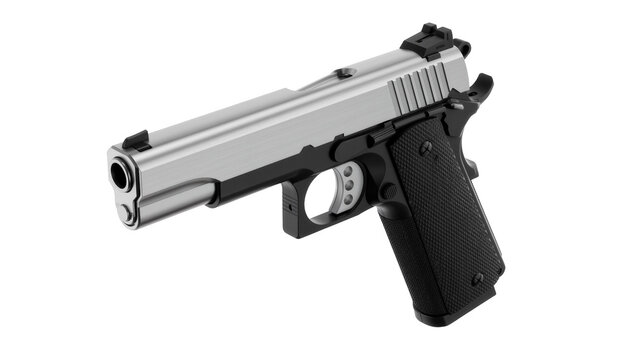 Silver and black semi-automatic handgun with textured grip, isolated on transparent background