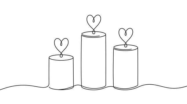Continuous line art illustration of three candles with heart shaped flames minimalist illustration continuous valentines abstract