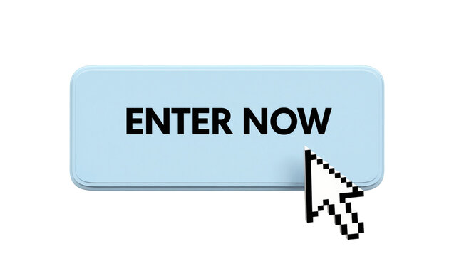 Pixelated computer mouse cursor clicking on a light blue ENTER NOW button, isolated on transparent background